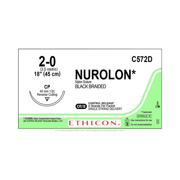 ETHICON Nurolon Nonabsorbable Nylon Sutures C572D 12 Each - MDL-ETHC572D