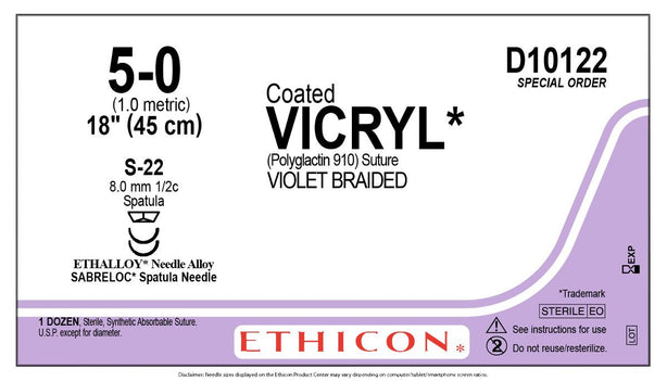 ETHICON Coated Vicryl Plus Sutures D10122 12 Each - MDL-ETHD10122
