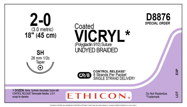 ETHICON Coated Vicryl Plus Sutures D8876 12 Each - MDL-ETHD8876