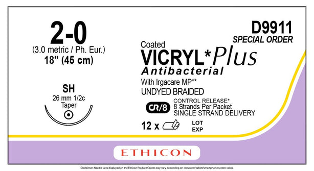 ETHICON Coated Vicryl Plus Sutures D9911 12 Each - MDL-ETHD9911