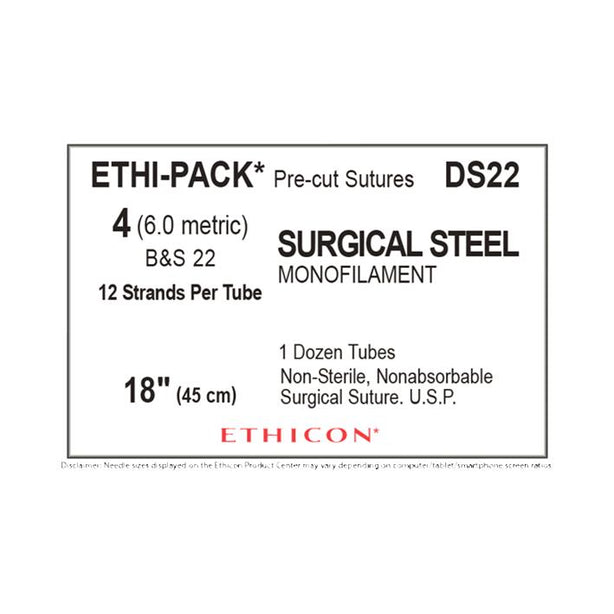 Ethicon Ethi-Pak Surgical Pre-Cut Steel Monofilament Sutures DS22 - 12.0 Each
