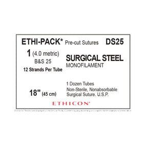 Ethicon Ethi-Pak Surgical Pre-Cut Steel Monofilament Sutures DS25 - 12.0 Each