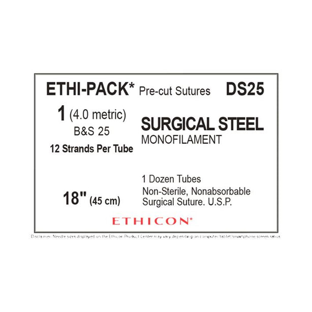 Ethicon Ethi-Pak Surgical Pre-Cut Steel Monofilament Sutures DS25 - 12.0 Each