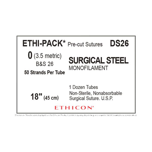 Ethicon Ethi-Pak Surgical Pre-Cut Steel Monofilament Sutures DS26 - 12.0 Each