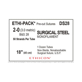 Ethicon Ethi-Pak Surgical Pre-Cut Steel Monofilament Sutures DS28 - 12.0 Each