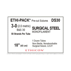 Ethicon Ethi-Pak Surgical Pre-Cut Steel Monofilament Sutures DS30 - 12.0 Each