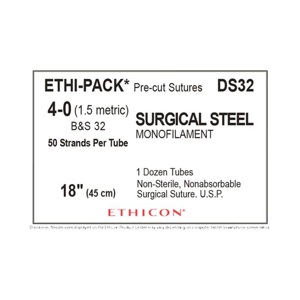Ethicon Ethi-Pak Surgical Pre-Cut Steel Monofilament Sutures DS32 - 12.0 Each