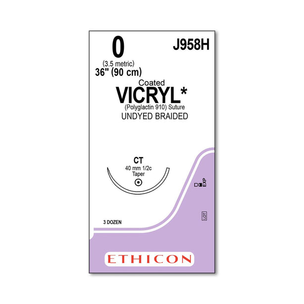 Ethicon Taper Point Synthetic Absorbable J958H Undyed Braided Coated Vicryl Size 0 Suture, Use with CT Needle, 36" - MDL-ETHJ958H - 36 Each