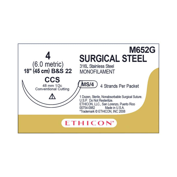 Ethicon Sternum Stainless-Steel Nonabsorbable Sutures M652G - 12.0 Each - MDL-ETHM652G