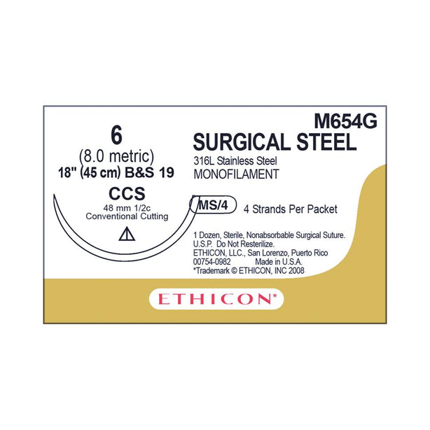 Ethicon Sternum Stainless-Steel Nonabsorbable Sutures M654G - 12.0 Each - MDL-ETHM654G