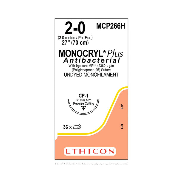 Reverse Cut Monocryl Plus Antibacterial Absorbable Sutures - MCP266H - 36 Each - MDL-ETHMCP266H