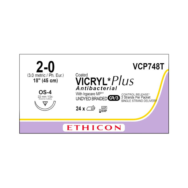 ETHICON Coated Vicryl Plus Antibacterial Sutures VCP748T 24 Each - MDL-ETHVCP748T