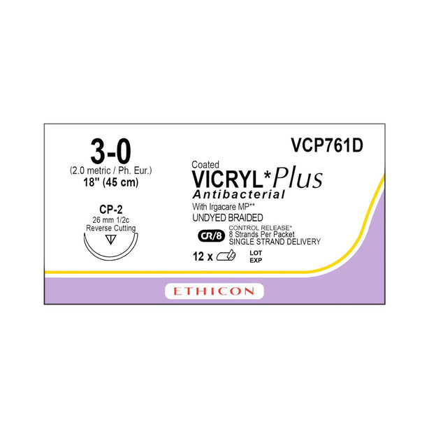 ETHICON Coated Vicryl Plus Antibacterial Sutures VCP761D 12 Each - MDL-ETHVCP761D