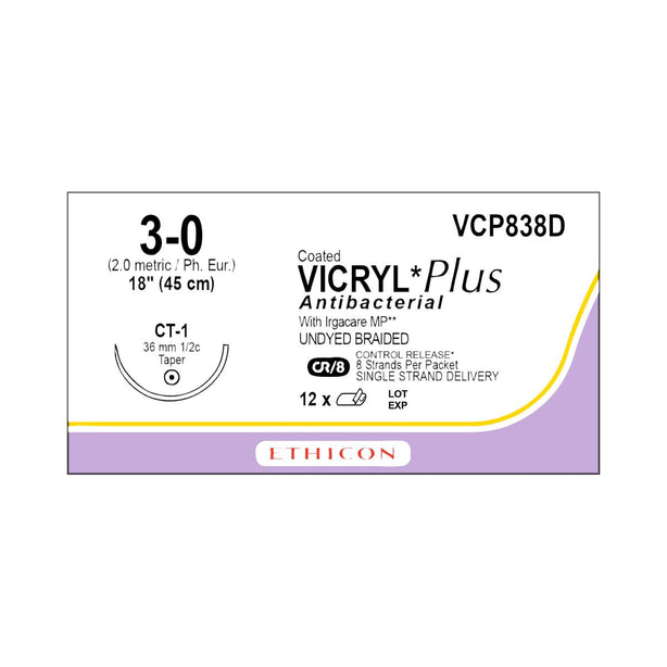 Ethicon Taper Point Vicryl + Antibacterial Suture VCP838D - 12.0 Each - MDL-ETHVCP838D