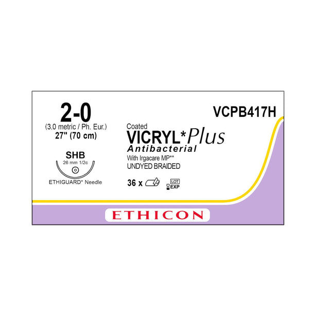 ETHICON Vicryl Plus Absorbable Sutures with Ethiguard Needle VCPB417H 36 Each - MDL-ETHVCPB417H