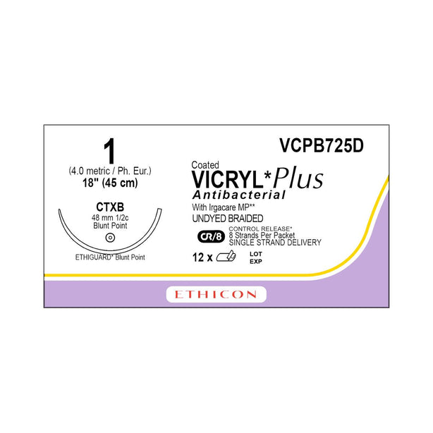 ETHICON Vicryl Plus Absorbable Sutures with Ethiguard Needle VCPB725D 12 Each - MDL-ETHVCPB725D