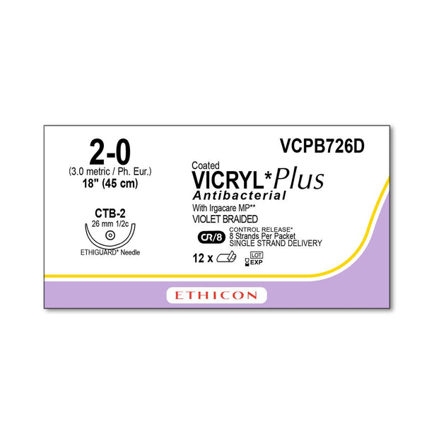 ETHICON Vicryl Plus Absorbable Sutures with Ethiguard Needle VCPB726D 12 Each - MDL-ETHVCPB726D