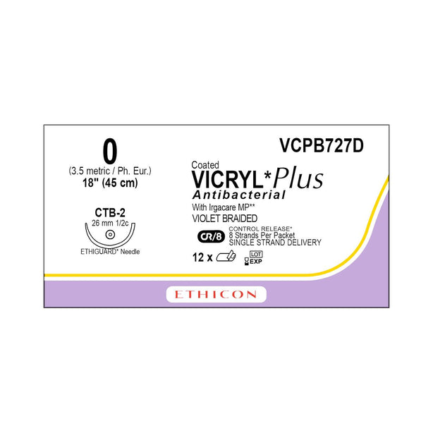ETHICON Vicryl Plus Absorbable Sutures with Ethiguard Needle VCPB727D 12 Each - MDL-ETHVCPB727D