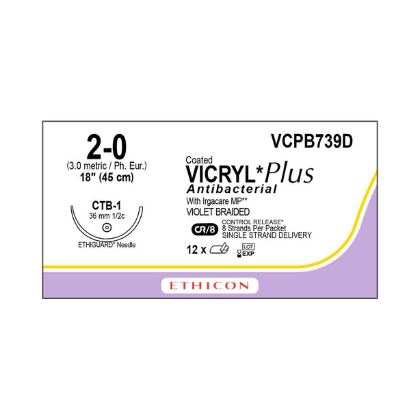 ETHICON Vicryl Plus Absorbable Sutures with Ethiguard Needle VCPB739D 12 Each - MDL-ETHVCPB739D
