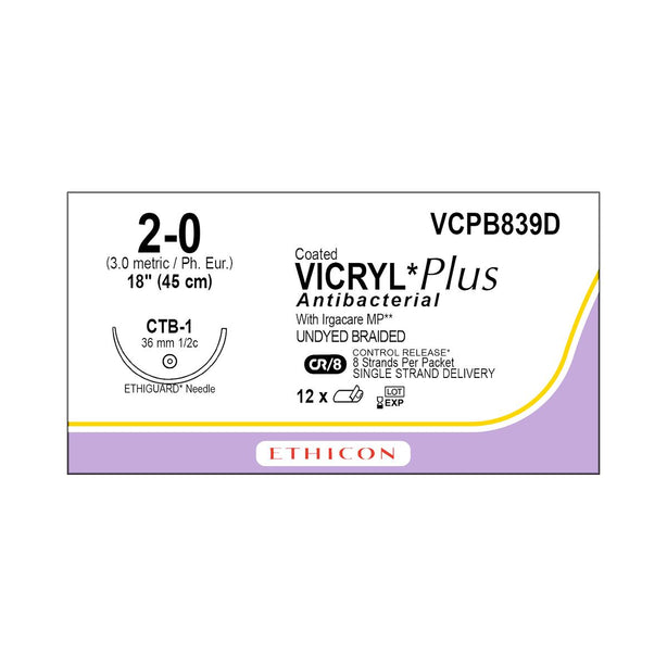 ETHICON Vicryl Plus Absorbable Sutures with Ethiguard Needle VCPB839D 12 Each - MDL-ETHVCPB839D