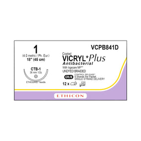 ETHICON Vicryl Plus Absorbable Sutures with Ethiguard Needle VCPB841D 12 Each - MDL-ETHVCPB841D