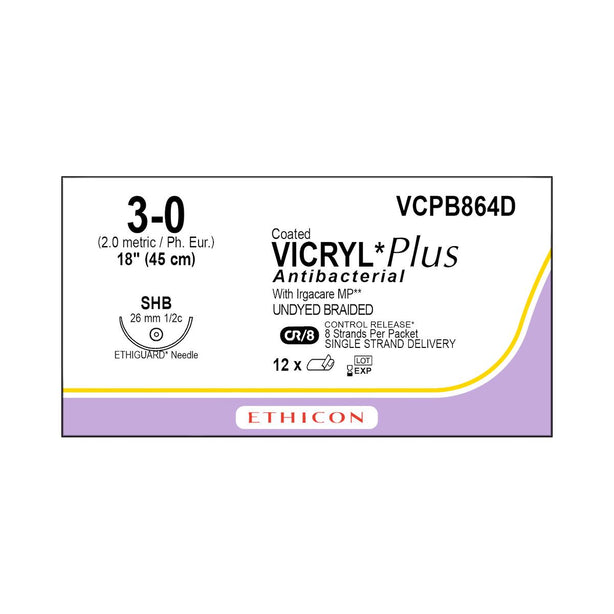 ETHICON Vicryl Plus Absorbable Sutures with Ethiguard Needle VCPB864D 12 Each - MDL-ETHVCPB864D