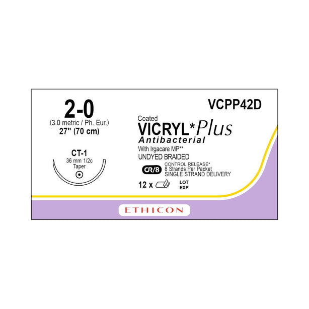 Ethicon Taper Point Vicryl + Antibacterial Suture VCPP42D - 12.0 Each - MDL-ETHVCPP42D