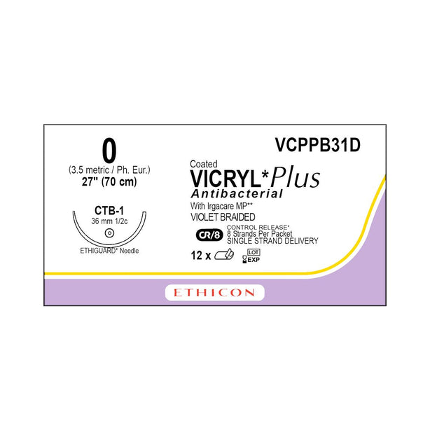 ETHICON Vicryl Plus Absorbable Sutures with Ethiguard Needle VCPPB31D 12 Each - MDL-ETHVCPPB31D