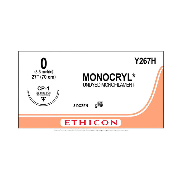 ETHICON Reverse-Cutting Monocryl Absorbable Sutures Y267H 36 Each - MDL-ETHY267H