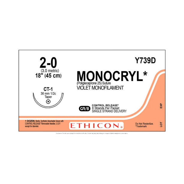 ETHICON Monocryl Absorbable Sutures Y739D 12 Each-MDL-ETHY739D