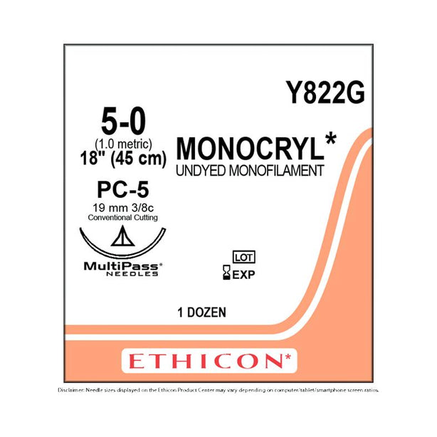 ETHICON Precision Cosmetic Monocryl Absorbable Sutures Y822G 12 Each - MDL-ETHY822G