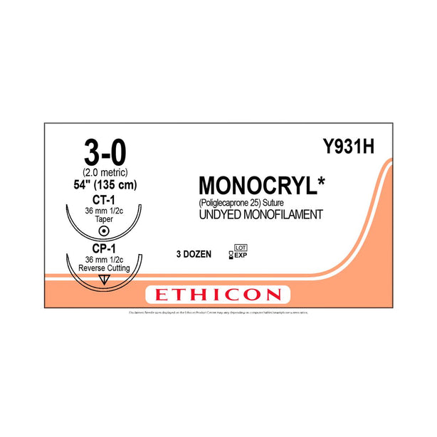 ETHICON Taper Point Reverse Cutting Monocryl Sutures Y931H 36 Each - MDL-ETHY931H