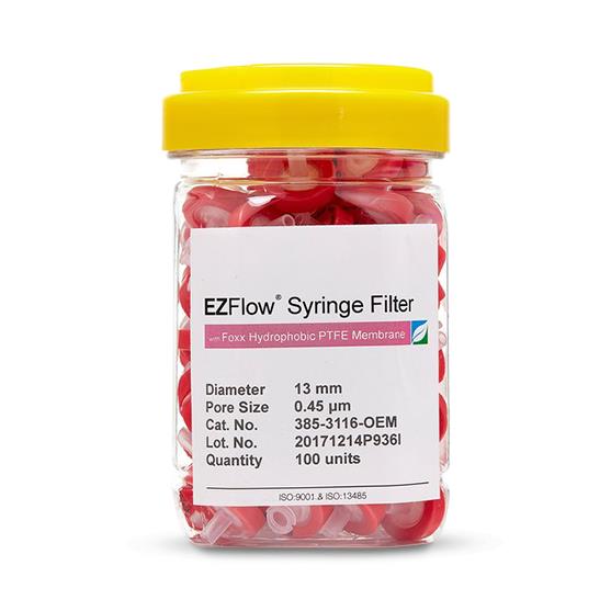 Foxx Life Sciences EZFlow Hydrophobic PTFE Syringe Filter, 0.45 µm, 13 mm - 385-3116-OEM - 100 Each
