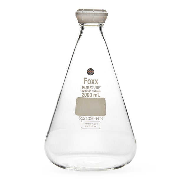 Puregrip Erlenmeyer/Conical Borosilicate Glass Flask with GL45 Screw Cap, 2000 mL - 5021030-FLS - 10 Each