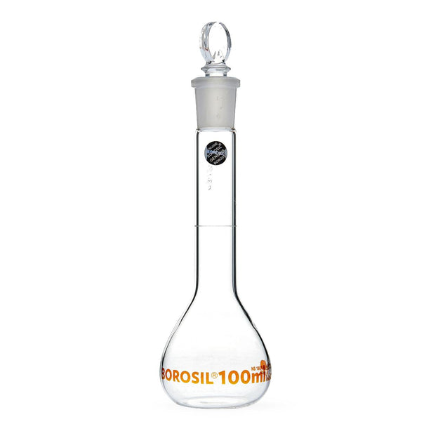 Foxx Life Sciences Borosil Clear Wide Mouth Volumetric Flask with I/C Stopper, Borosilicate Glass, Type 1, Class A, 100 mL - 5647016A - 10 Each