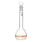 Foxx Life Sciences Borosilicate Borosil Clear Wide Mouth Volumetric Flask with I/C Stopper, 200 mL - 5647020A - 10 Each