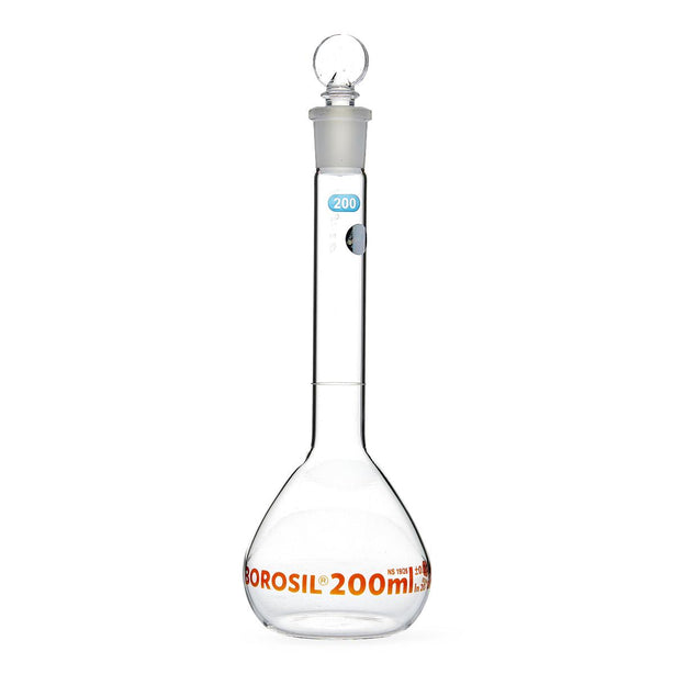 Foxx Life Sciences Borosilicate Borosil Clear Wide Mouth Volumetric Flask with I/C Stopper, 200 mL - 5647020A - 10 Each