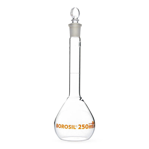 Foxx Life Sciences Borosil Clear Wide Mouth Volumetric Flask with I/C Stopper, Borosilicate Glass, Type 1, Class A, 250 mL - 5647021A - 10 Each