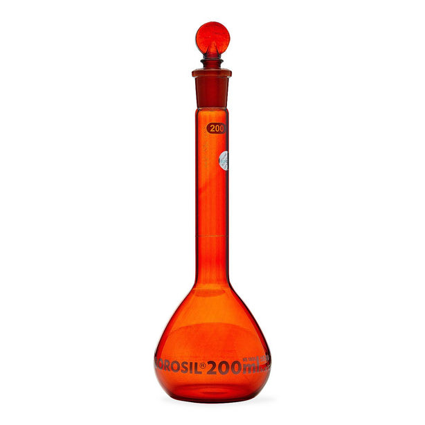 Foxx Life Sciences 5657020A Borosil Amber Wide Neck Volumetric Flask with I / C Stopper, Borosilicate Glass, Type 1, Class A, 200 mL - MDL-FXX5657020A - 10 Each
