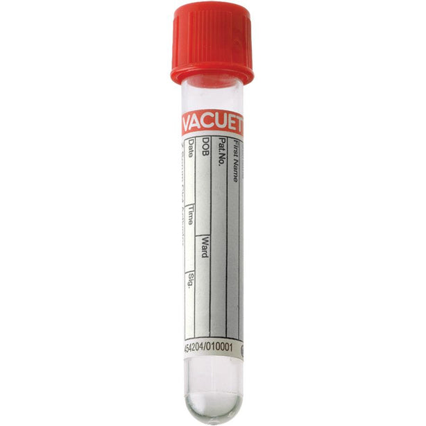 Greiner Bio One VACUETTE Blood Collection Tube, CAT Serum Clot Activator, Non-Ridged, 13x75, Red Cap with Black Ring, 4 mL - 454204 - 50 Each