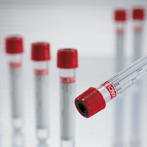 Greiner Bio One VACUETTE Blood Collection Tube, CAT Serum Clot Activator, Non-Ridged, 13x100, Red Cap with Black Ring, 6 mL - 456089 - 50 Each
