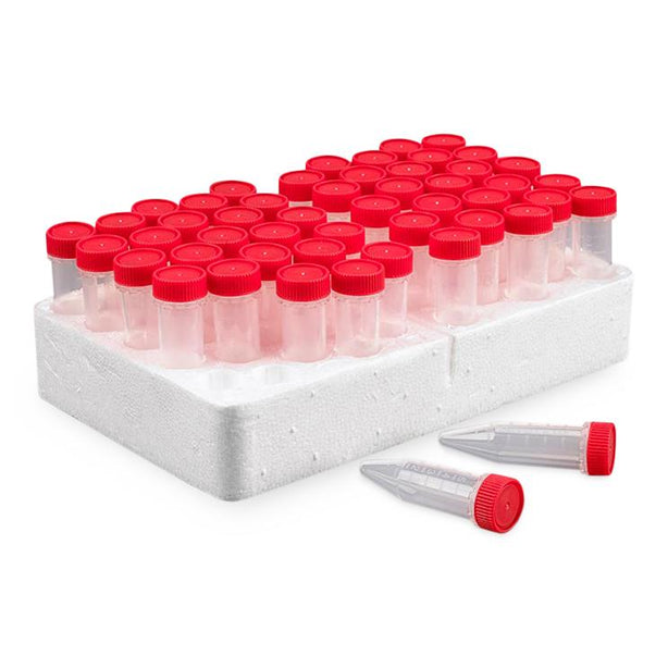 Globe Scientific 5 mL Diamond Midi Centrifuge Tubes with Assembled Red Screw Caps in Foam Rack, Gamma Sterile - 111580RS - 500 Each