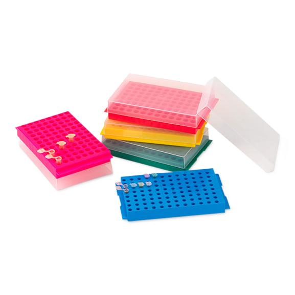 Reversible Rack with Cover for Microcentrifuge Tubes, 96-Place for 1.5mL and 2.0mL and Reverse Side is 96-Place for 0.2mL and 0.5mL Tubes, Red, 5 per Pack - 456355R - 5 Each
