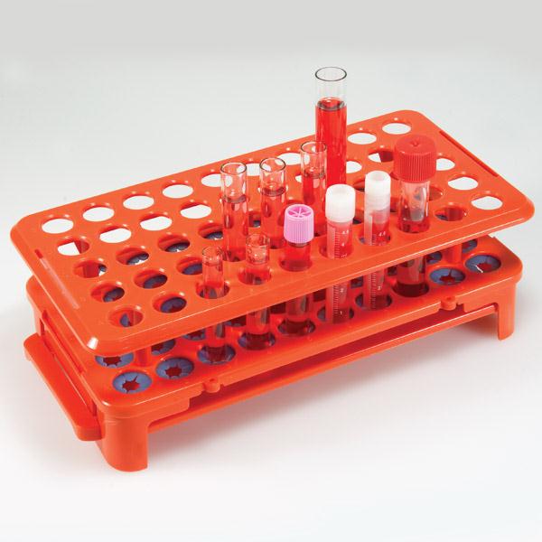 Globe Scientific Test Grip Rack 50-Place Autoclavable Tube Rack with Tube Grippers and Tube Eject for up to 15mm Tubes, Orange - 456926 - 1 Each