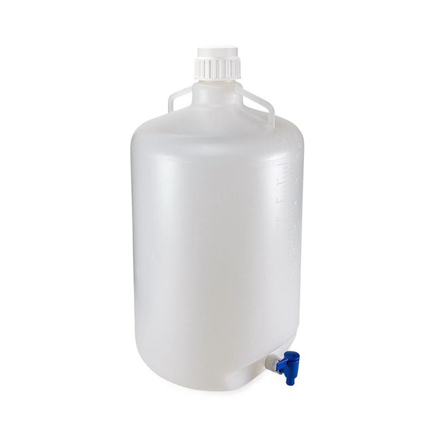 Globe Scientific Diamond RealSeal Carboy, Round with Spigot and Handles, LDPE, White PP Screw Cap, 50 Liter, Molded Graduations - 7270050 - 1 Each
