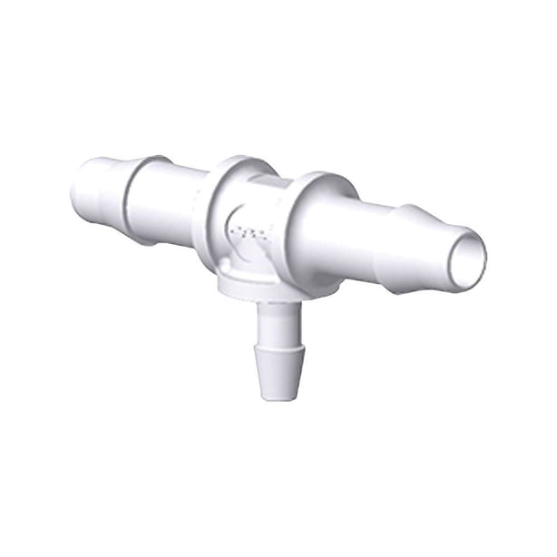 T Connector, Reducer, Barbed, White, 100/Bag - Fits 7/32 inch ID Tubing (0.219 inch, 5.55 mm); Fits 1/8 inch ID Tubing (0.125 inch, 3.18 mm) - HTR7430