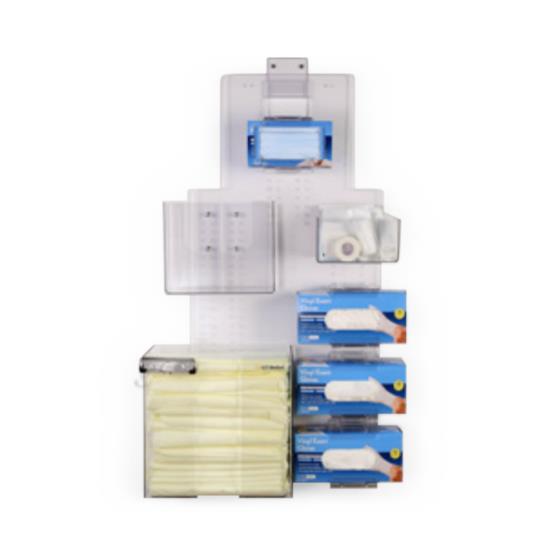 ICP Medical Clear Polycarbonate PPE Organizer with 3 Glove Box Holders, Parts Bin, Gown Bin and Fluid Shield Mask Holder, 23" W x 36" H - ICP-4-006B - 1 Each