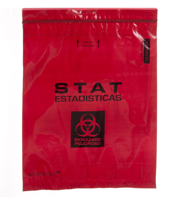 Stat Specimen Bag with 2 Pockets and Zipper, Red, 8" x 10", Reclosable Biohazard Warning - IP810RSTAT - 1000 Each