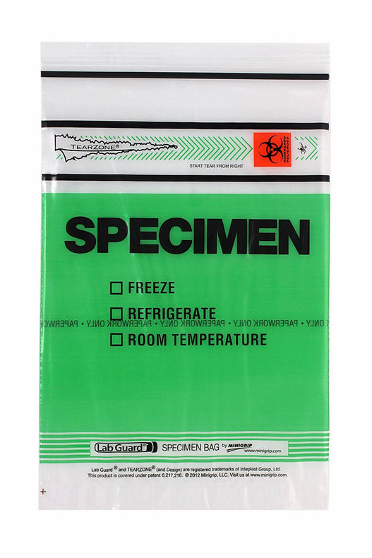 Inteplast Biohazard TearZone Lab Guard Specimen Bag with Tear Zone, 3-Wall, Bio Symbol, 6" x 9", Green - MGTZ69GRN - 100 Each