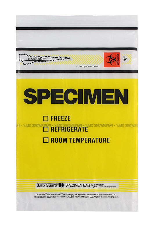 Inteplast Biohazard TearZone Lab Guard Specimen Bag with Tear Zone, 3-Wall, Bio Symbol, 6" x 9", Yellow - MGTZ69YEL - 100 Each